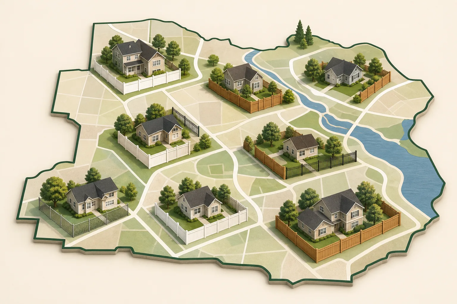 Illustration of neighboring suburban towns with houses and fence lines across a county area