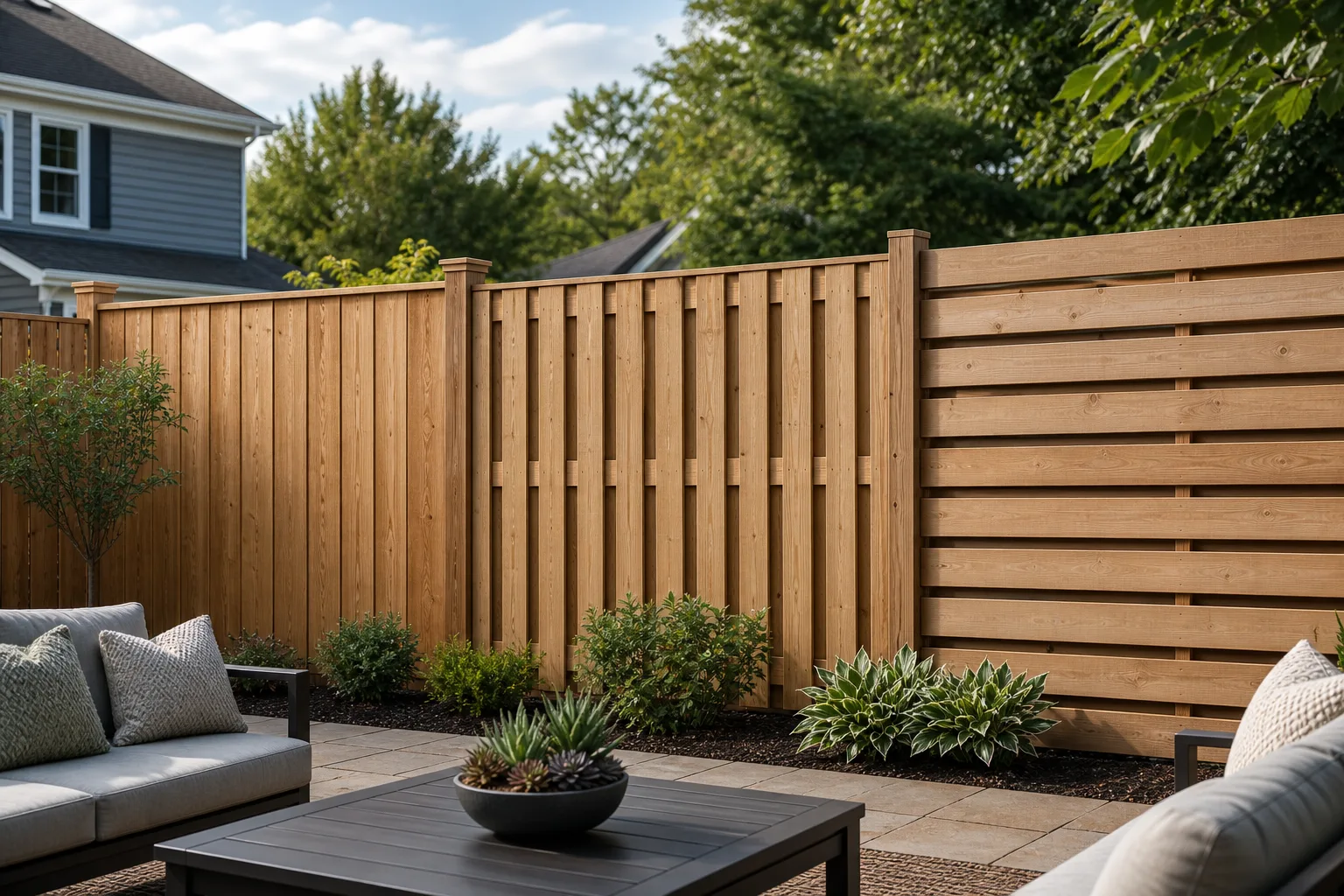 Three wood privacy fence layouts viewed from a backyard patio