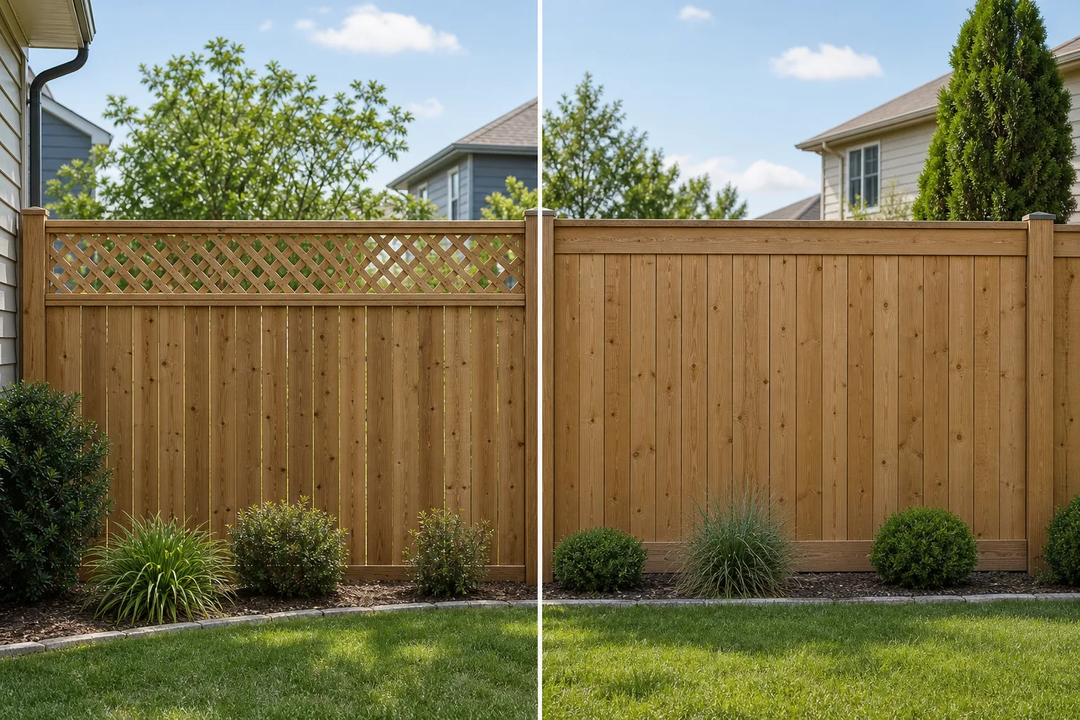 Side by side comparison of a lattice topper fence extension and a solid board fence extension in a residential backyard