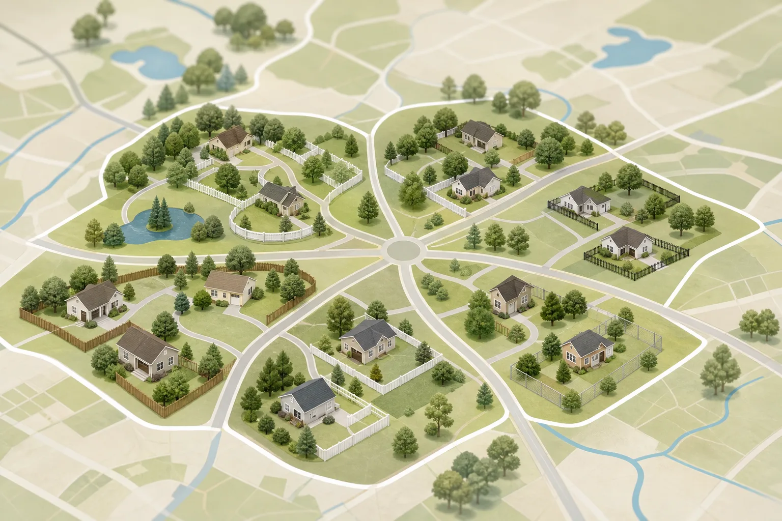 Illustrated map showing six neighboring suburban towns connected by local roads with house icons