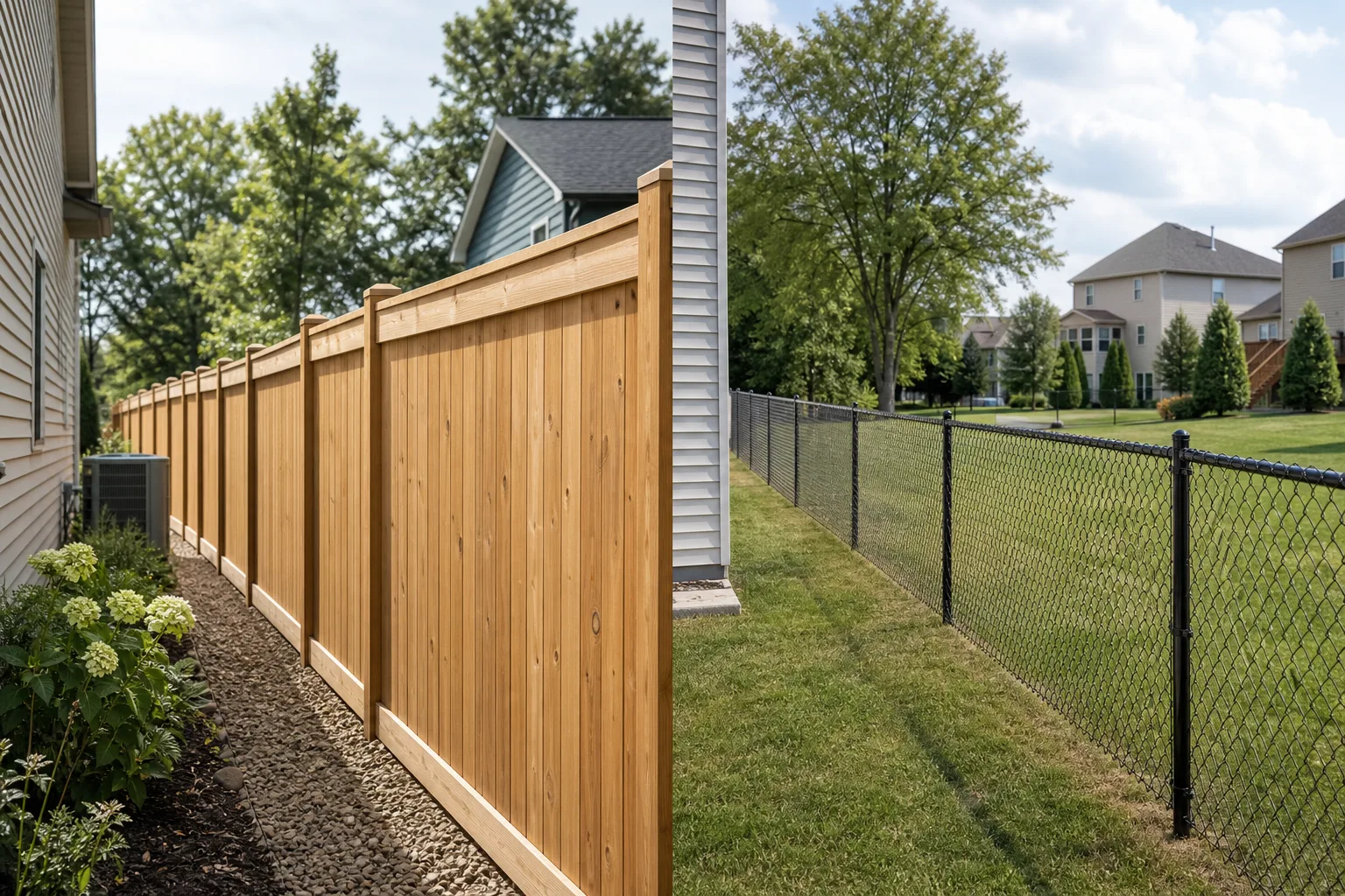 Side by side backyard comparison of a wood privacy fence and a chain link fence in different yard layouts
