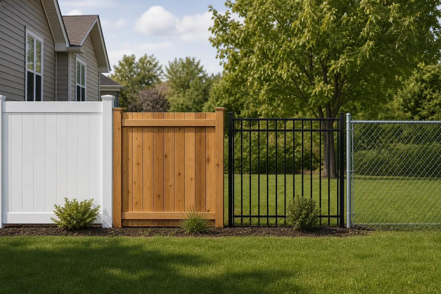 Four fence material types shown side by side in a residential backyard: vinyl, wood, aluminum, and chain link