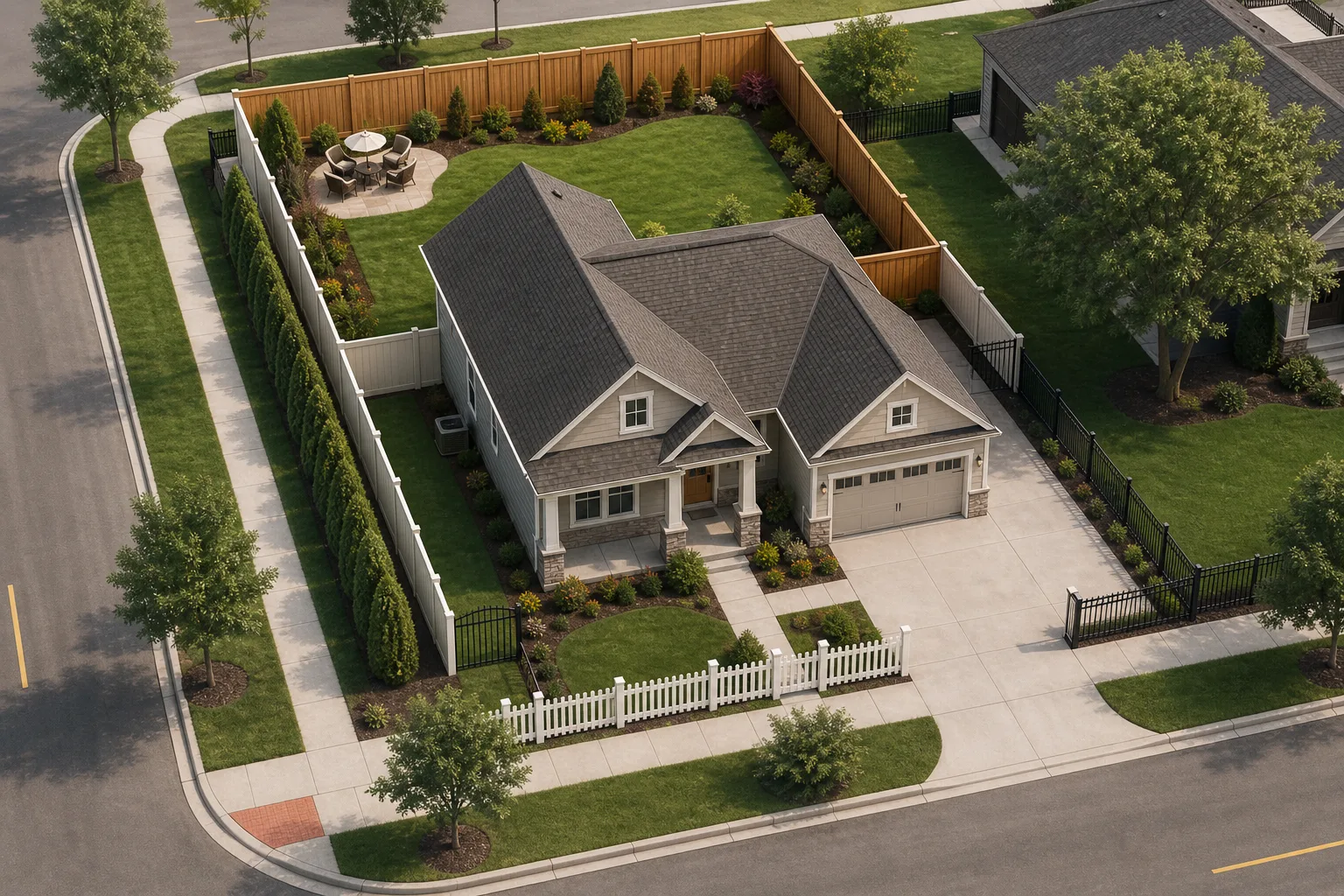 Illustration of front yard, side yard, and rear yard fence zones on a suburban property