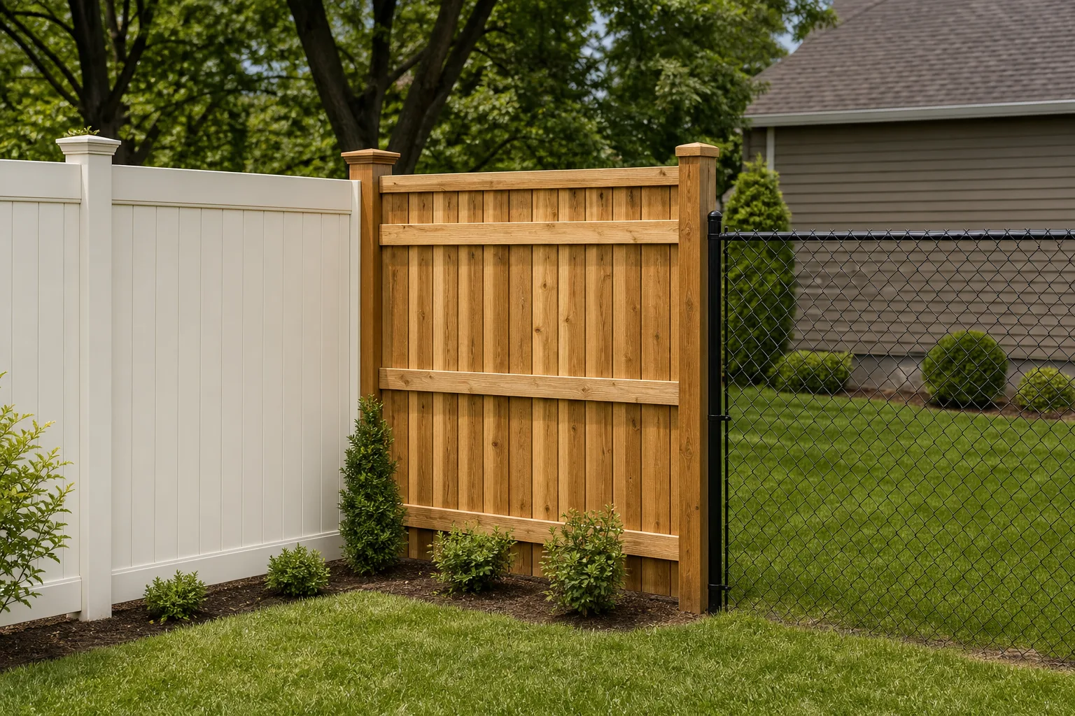 Side by side comparison of vinyl, wood, and chain link fence sections in a residential yard