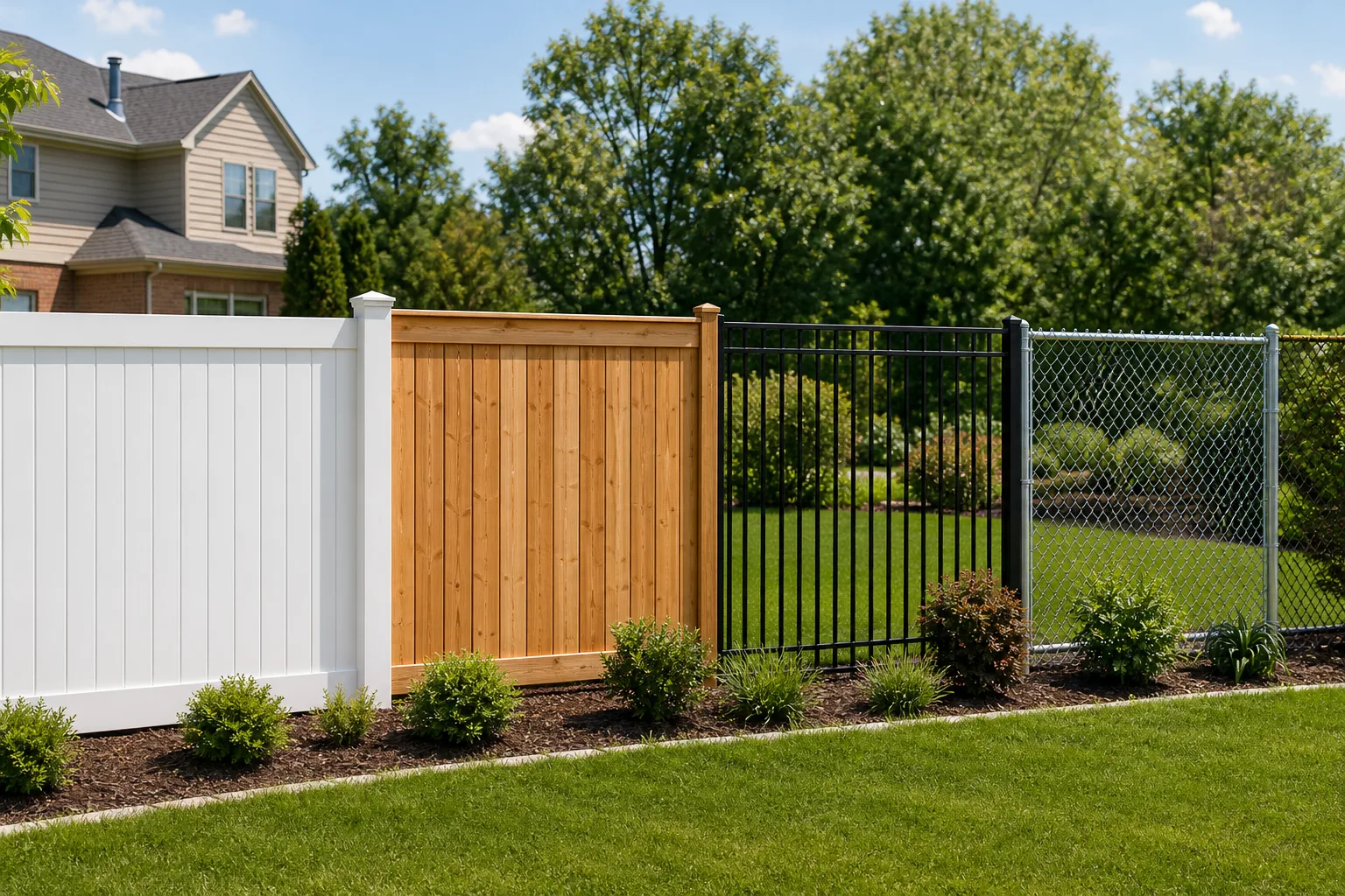 Side by side comparison of vinyl, wood, aluminum, and chain link fence sections in a suburban backyard