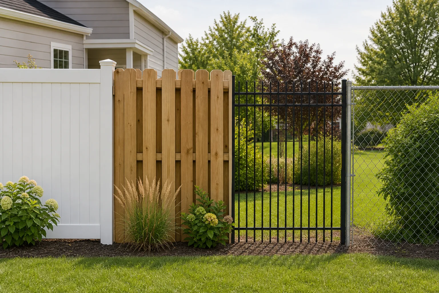 Side by side comparison of vinyl, wood, aluminum, and chain link fence sections in a suburban backyard