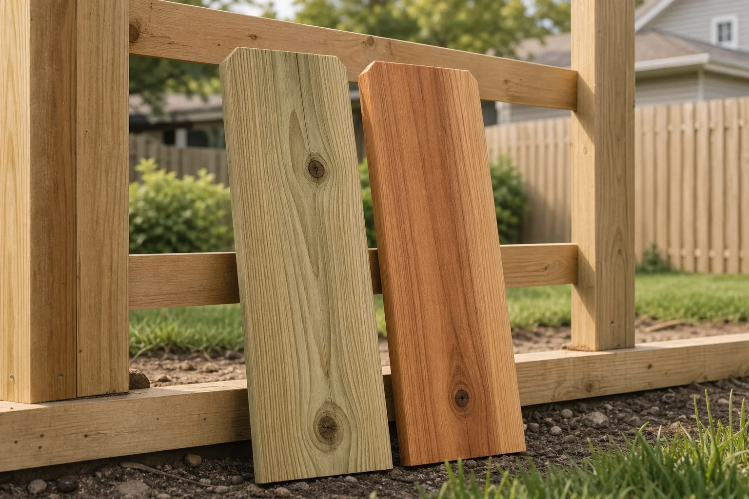 Pressure treated pine fence board next to a cedar fence board for cost and material comparison
