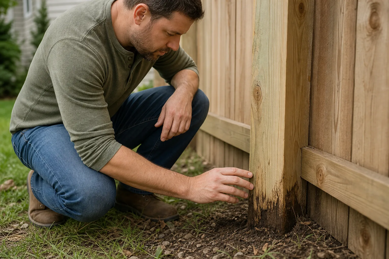 Inspecting the base of a wood fence post before adding a privacy extension