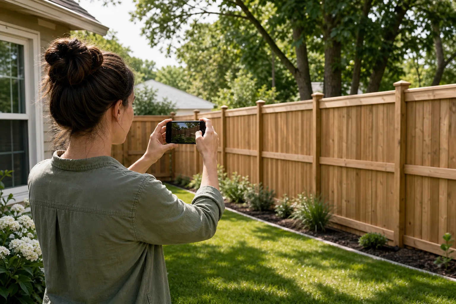 Homeowner photographing their backyard fence line to send for a free estimate