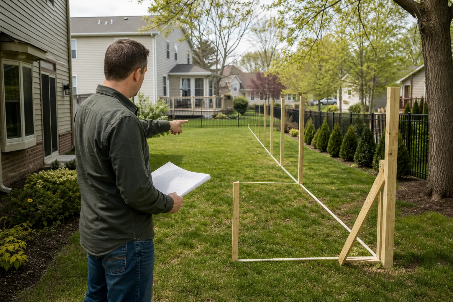 Homeowner reviewing yard layout and gate placement before getting a treated wood fence estimate