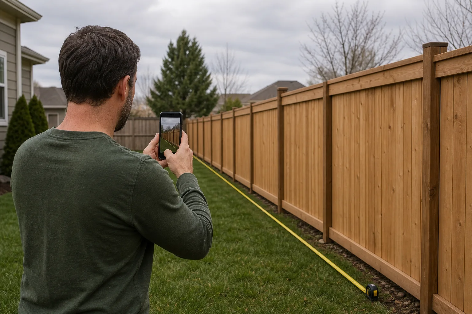 Homeowner measuring a backyard fence line before requesting a fence estimate